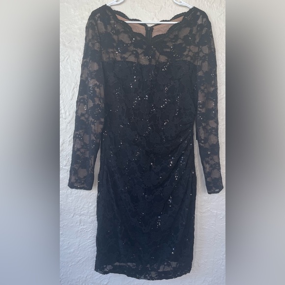 NWT PLUS LAUREN RALPH LAUREN BLACK MIDI SEQUIN LONG SLEEVE COCTAIL DRESS; 16 - Picture 1 of 10